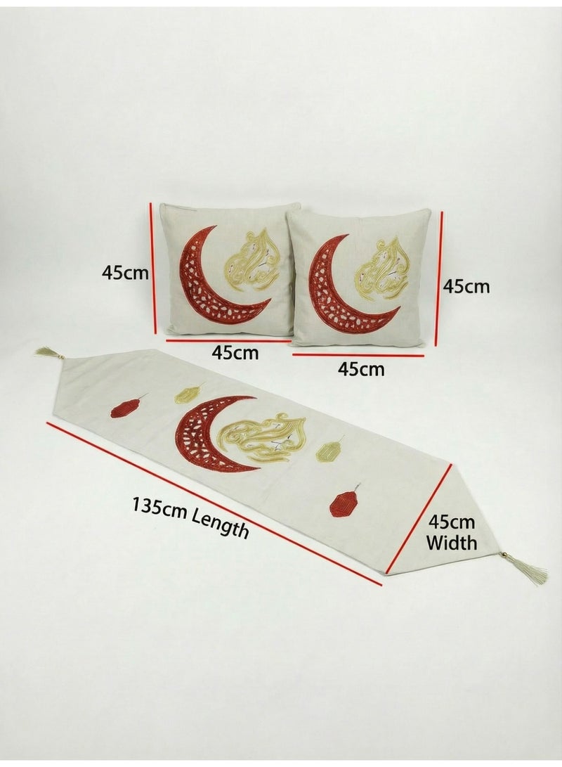 Ramadan Decoration Set 3 Pieces - Table Runner (135x45 cm) and 2 Cushion Covers (45x45 cm) - Elegant Embroidered Crescent & Lantern Design for Dining & Living Room - Image 2